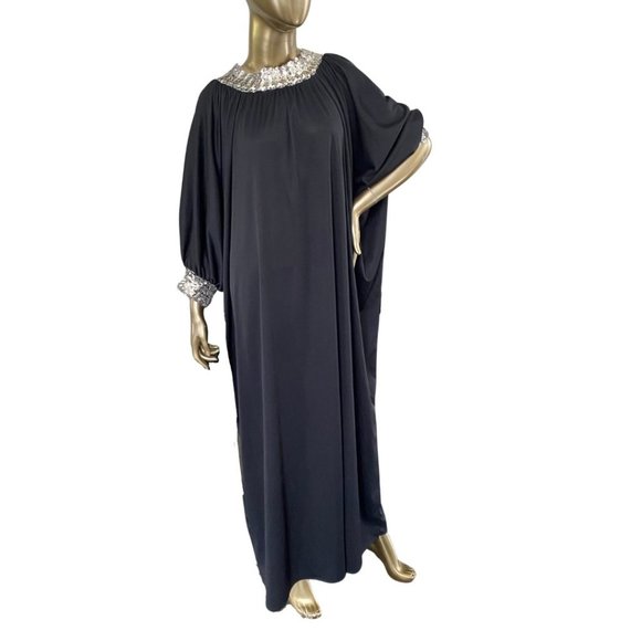 Vintage GLAM 70s Caftan Sequin Trimmed Maxi Dress 1970s Lounge Wear S-M-L - Picture 3 of 11